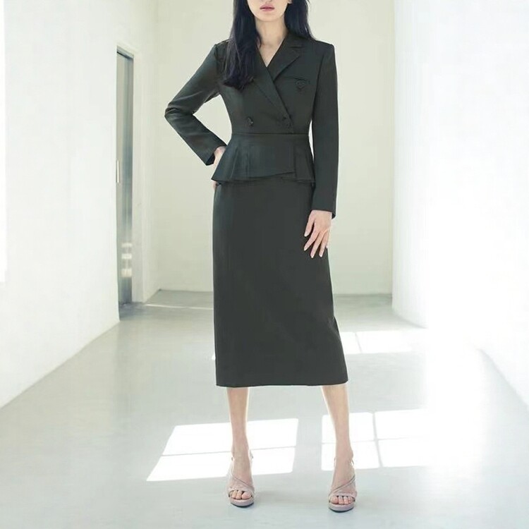 高级定制墨绿色纯羊毛西装套装裙修身职业西服两件套优雅通勤商务