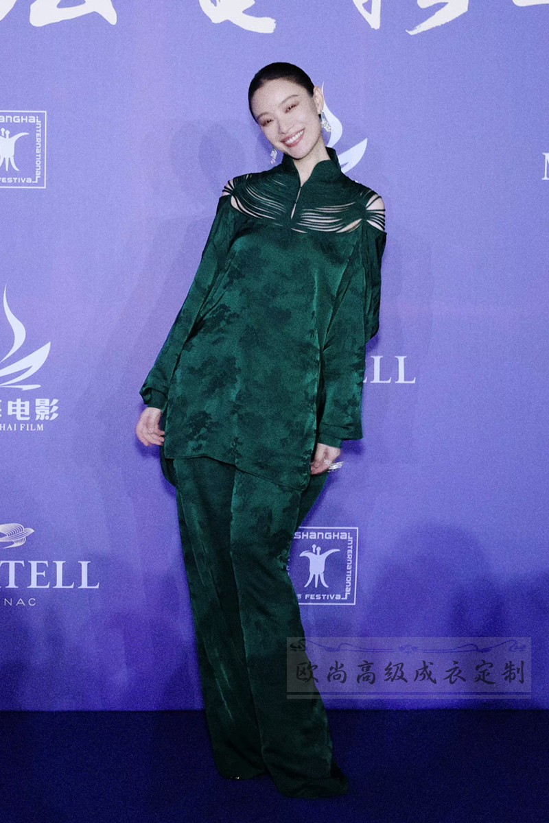 高端定制倪妮同款墨绿色真丝上衣裤子时尚新中式套装夏季国风优雅
