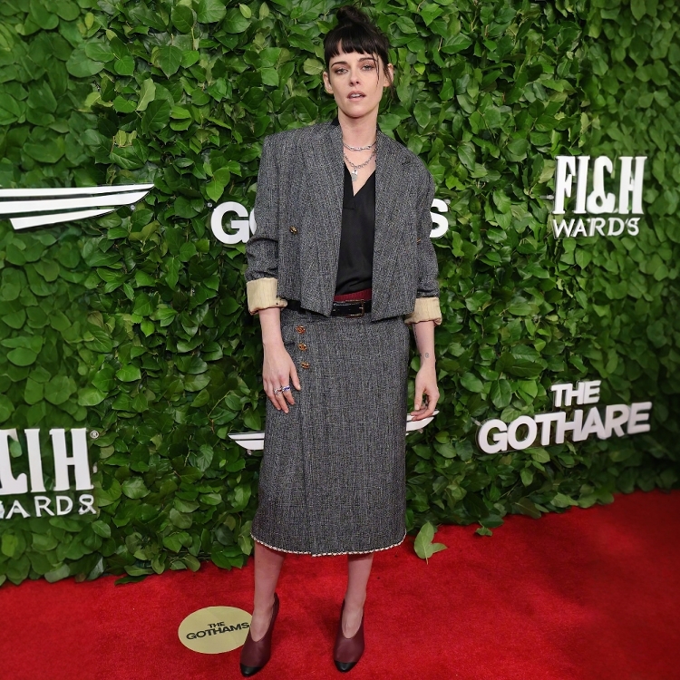 高级定制欧美明星同款短款灰色羊毛夹克西装外套+开叉半裙套装裙