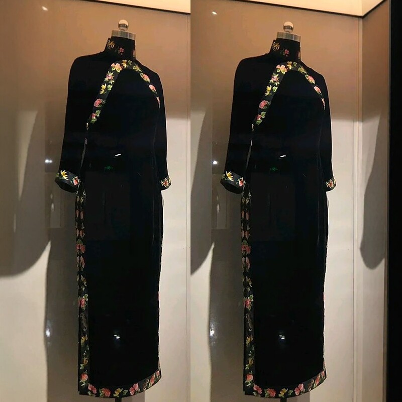 高级定制经典版黑色真丝丝绒重工刺绣旗袍女长款修身优雅端庄春秋