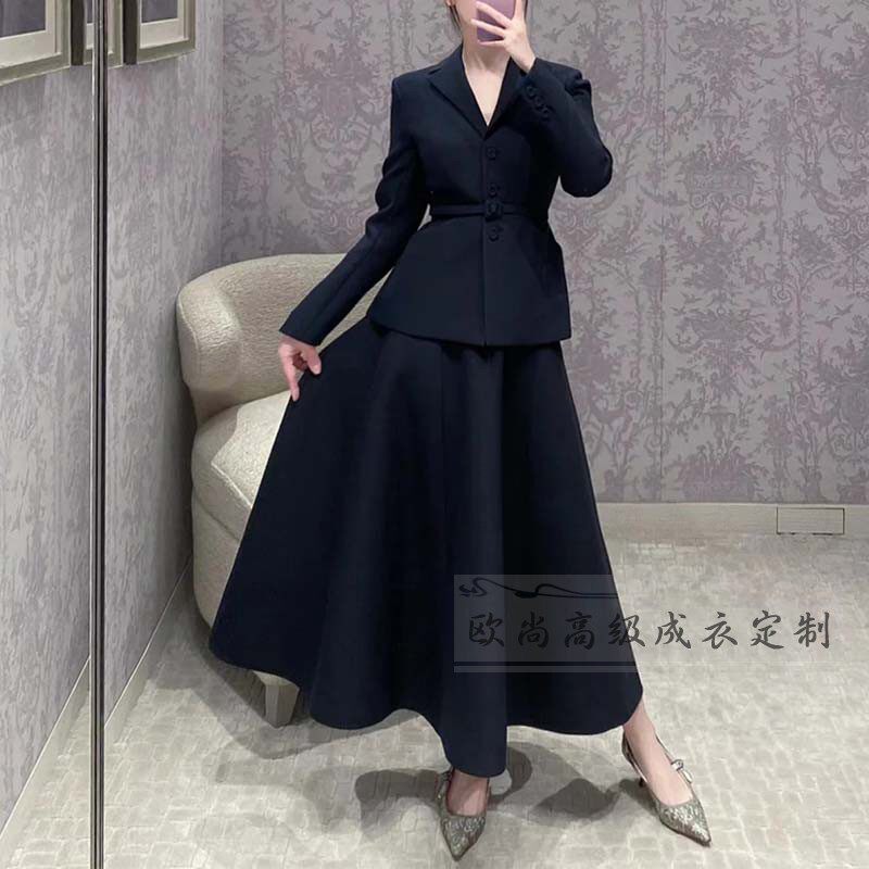 桑蚕丝羊毛西装套装裙女修身丝毛西服+大摆裙名媛优雅大牌套装裙