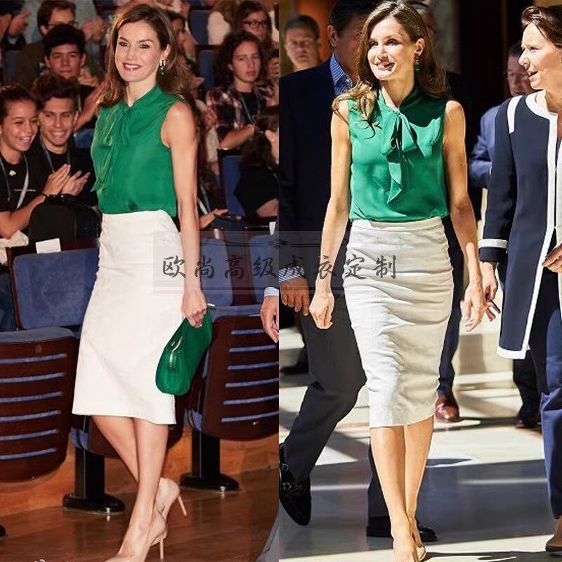 高端定制西班牙王妃同款绿色真丝衬衫+白色半身裙时尚通勤套装夏