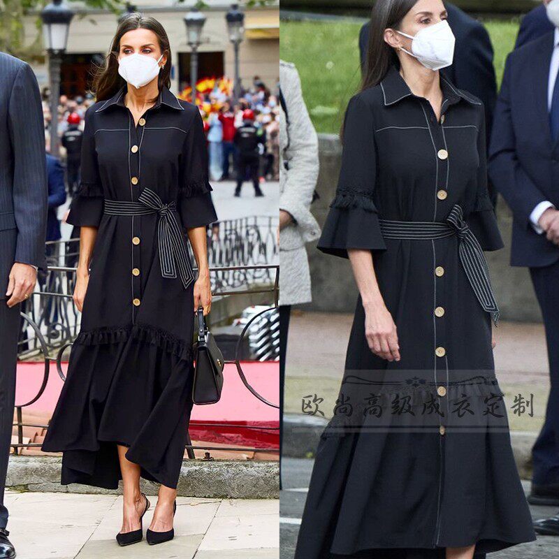 高级定制莱蒂齐亚西班牙王妃同款黑色衬衫连衣裙女长款气质个性夏