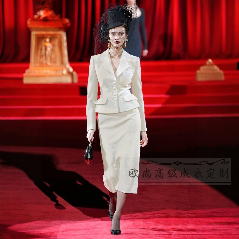 2024秋冬100%羊毛白色西装套装裙女真丝里布修身显瘦时尚气质西服
