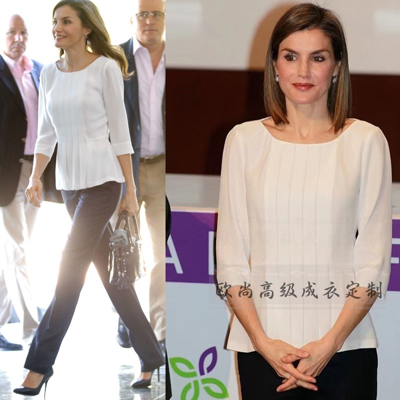 高级定制西班牙王妃同款白色圆领重磅真丝上衣+西装毛裤时尚套装