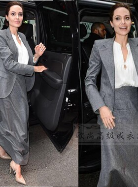 高端定制朱莉同款商务灰色全羊毛西装套装裙女修身长款毛呢秋冬新