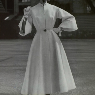 高端定制1950S优雅国风小立领收腰白色毛呢连衣裙外套大摆裙春秋