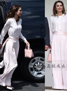 高端定制王后同款白色重磅真丝衬衫浅粉色阔腿裤时尚优雅气质套装