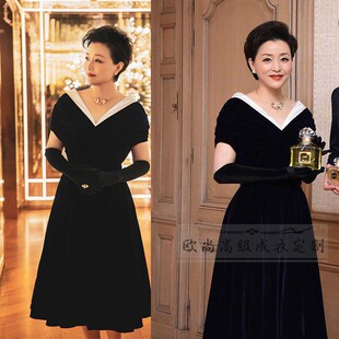 高端成衣定制杨澜同款黑色法式丝绒V领连衣裙女中长款修身大摆裙