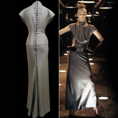 高级定制秀场经典灰色立领连衣裙女长款鱼尾修身老钱风高贵礼服裙