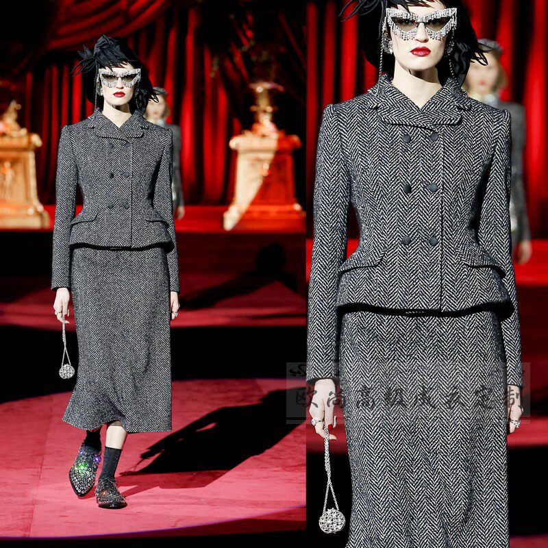 高级定制秀场大牌灰色人字纹羊毛西装套装裙女英伦复古老钱风西服