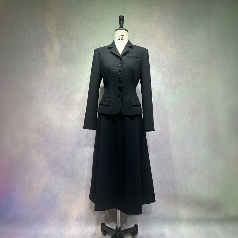 高级定制春秋西服黑色全羊毛西装外套+大A长半裙时尚通勤套装裙OL