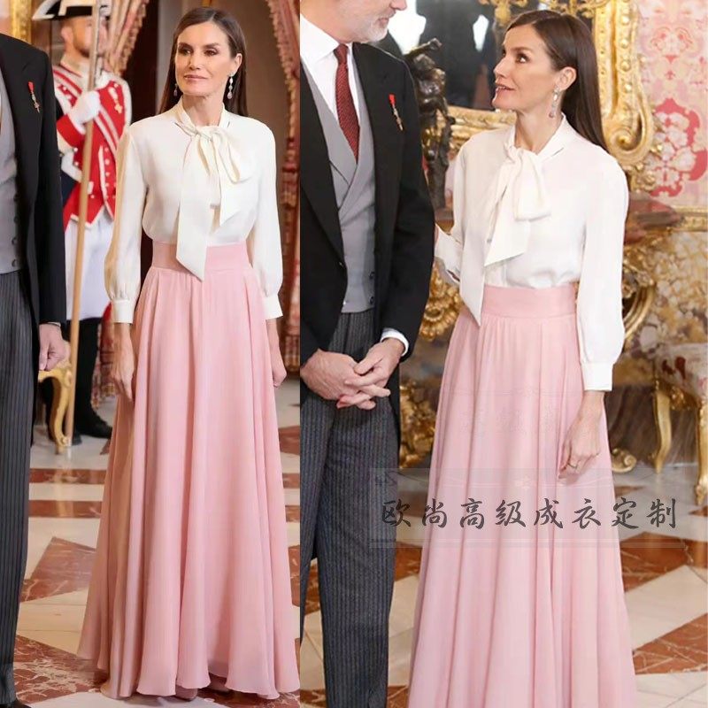 高级定制西班牙王后同款白色蝴蝶结真丝衬衫粉色长半裙优雅套装夏