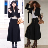百褶长裙优雅黑色套装 高级定制明星同款 外套 羊毛西装 裙大牌 短款