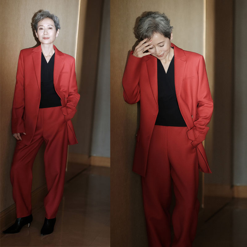 明星同款红色羊毛西装外套女长款宽松+阔腿裤两件套装裤时髦大牌