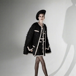 高级定制欧美大牌黑色圆领小香风外套宽松版+无袖连衣裙优雅套装