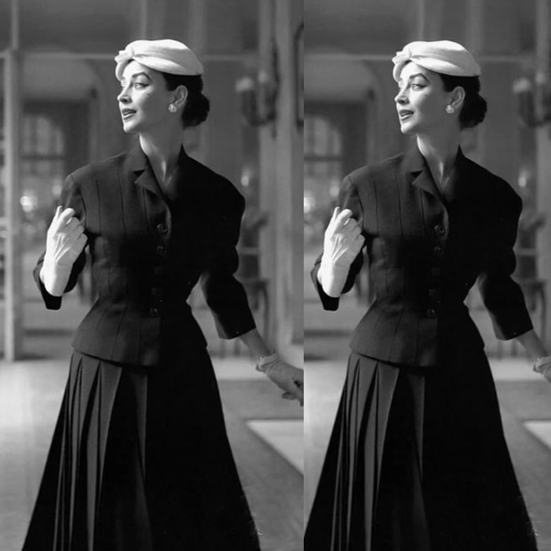 高级定制1950S经典款黑色羊毛收腰西服外套+百褶半裙复古西装套装