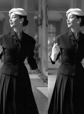 高级定制1950S经典款黑色羊毛收腰西服外套+百褶半裙复古西装套装