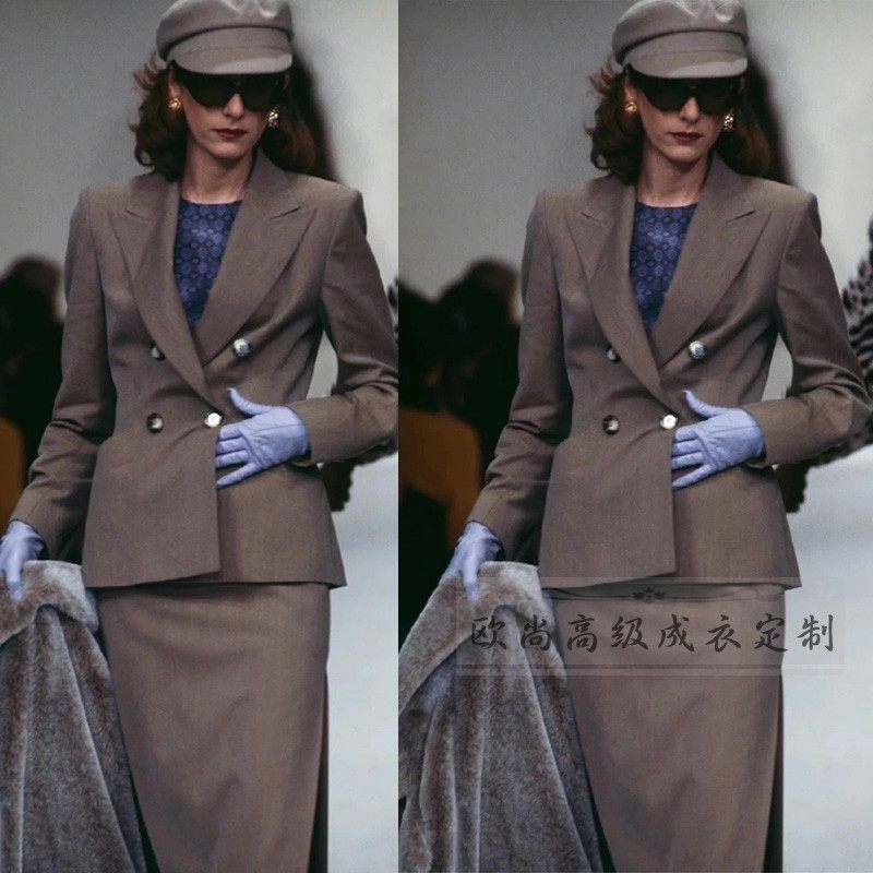 100%羊毛咖色西装套装裙女修身老钱风英伦大牌秋冬职业大女主西服