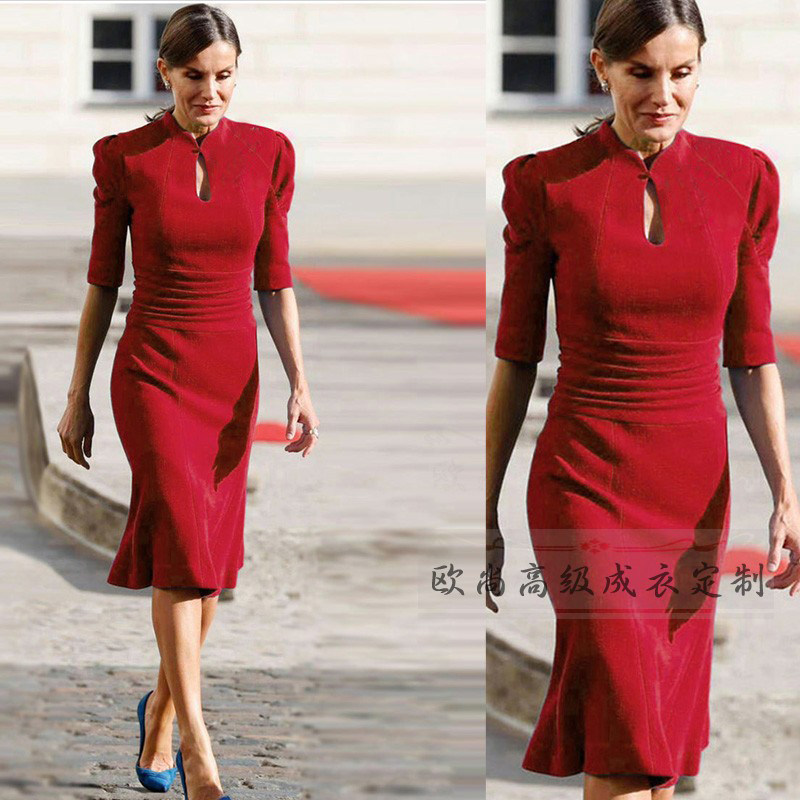 高级定制西班牙王后同款正红色中袖中式立领连衣裙女修身优雅端庄