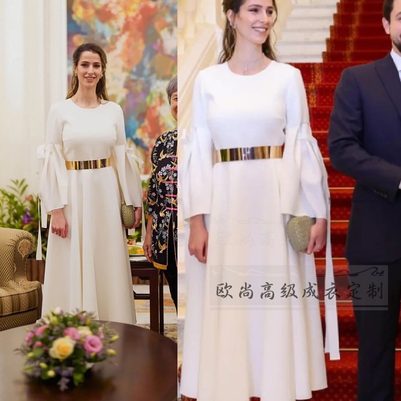 高端定制王妃同款白色喇叭袖收腰大摆连衣裙女长款气质时尚大牌秋