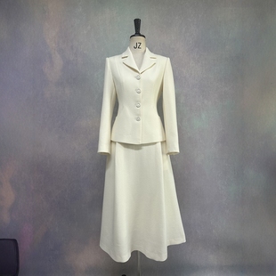 通勤套装 A摆长半裙时尚 优雅OL 外套 高级定制白色单排扣全羊毛西装