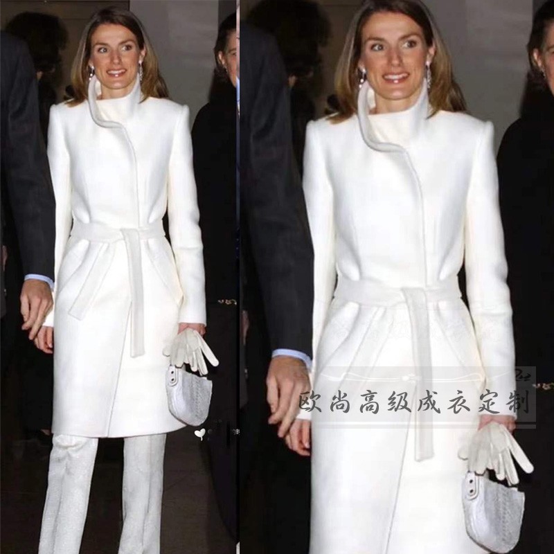 高端定制西班牙王后同款白色高领羊毛大衣外套女修身细带优雅简约