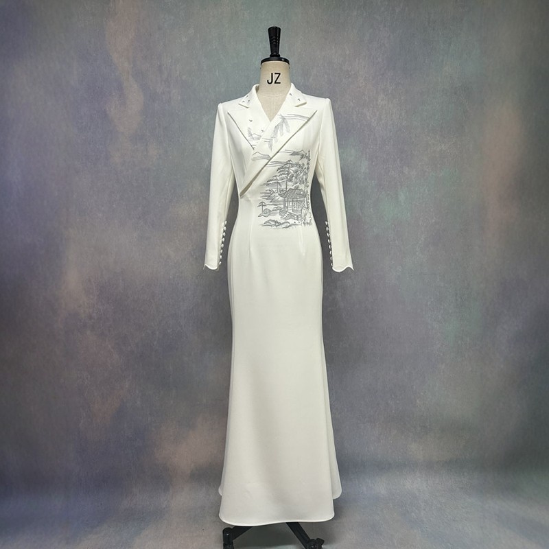 高端定制主持人宴会年会白色礼服裙女重工刺绣鱼尾连衣裙长裙