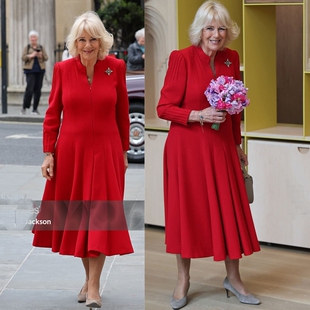 高级定制王后英式优雅老钱风红色纯羊毛连衣裙修身大摆裙长款秋冬