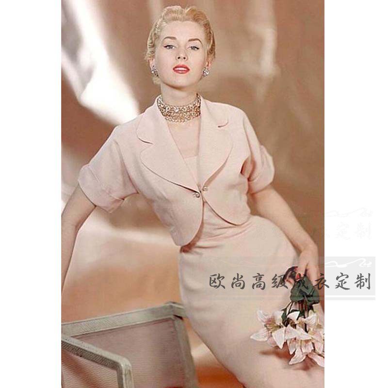 高级定制浅粉色夏季短袖西装外套无袖背心连衣裙优雅复古西服套装