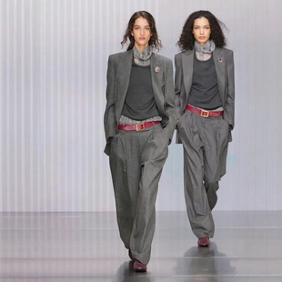 宽松长款 裤 酷飒职业大气春秋西服 套装 高端定制高级灰色纯羊毛西装