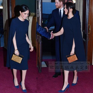 高级成衣定制梅根王妃同款藏蓝色斗篷连衣裙礼服裙女中长款优雅春