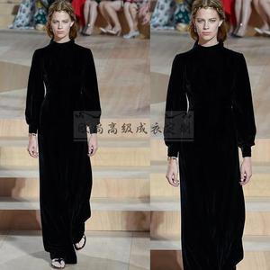 高级定制时装周走秀复古高贵立领真丝丝绒连衣裙女长款裙收腰A摆