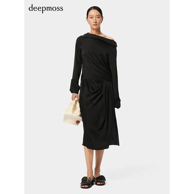 【deepmoss】2024春夏新款女装时尚休闲气质斜襟垂褶裹身半身裙