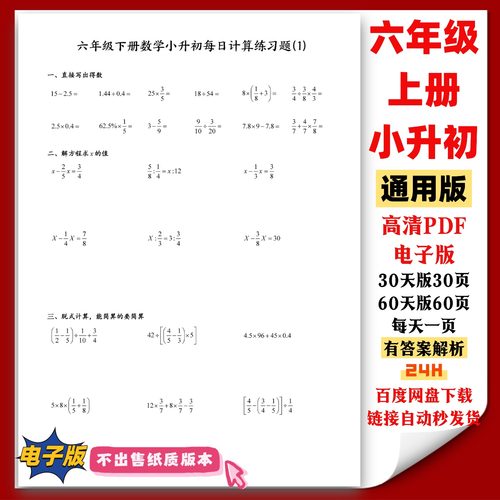 六年级上下册数学小升初每日练习题口算竖式脱式混合解方程电子版