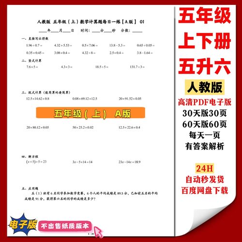 五年级数学上下册计算题每日一练 口算竖式脱式计算题 PDF电子版