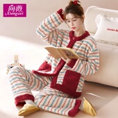 可外穿秋冬天加绒保暖女士法兰绒睡衣大码 宽松柔软舒适家居服套装