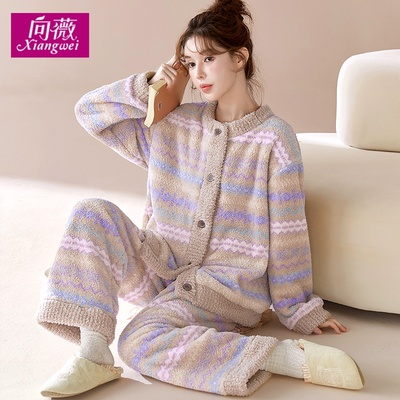 秋冬新款轻奢复古条纹云感睡衣可外穿女士法兰绒家居服甜美套装