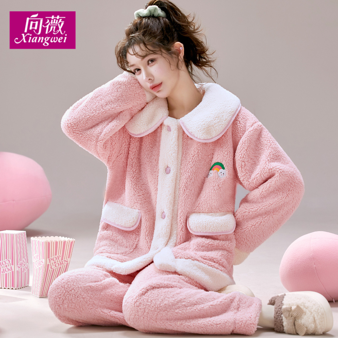 秋冬天甜美可爱大码女士法兰绒加绒加厚家居服暖绒睡衣珊瑚绒套装
