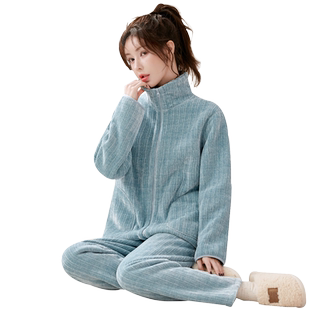 秋冬家居服春秋款雪尼尔法兰绒睡衣长袖女可外穿珊瑚绒家居服