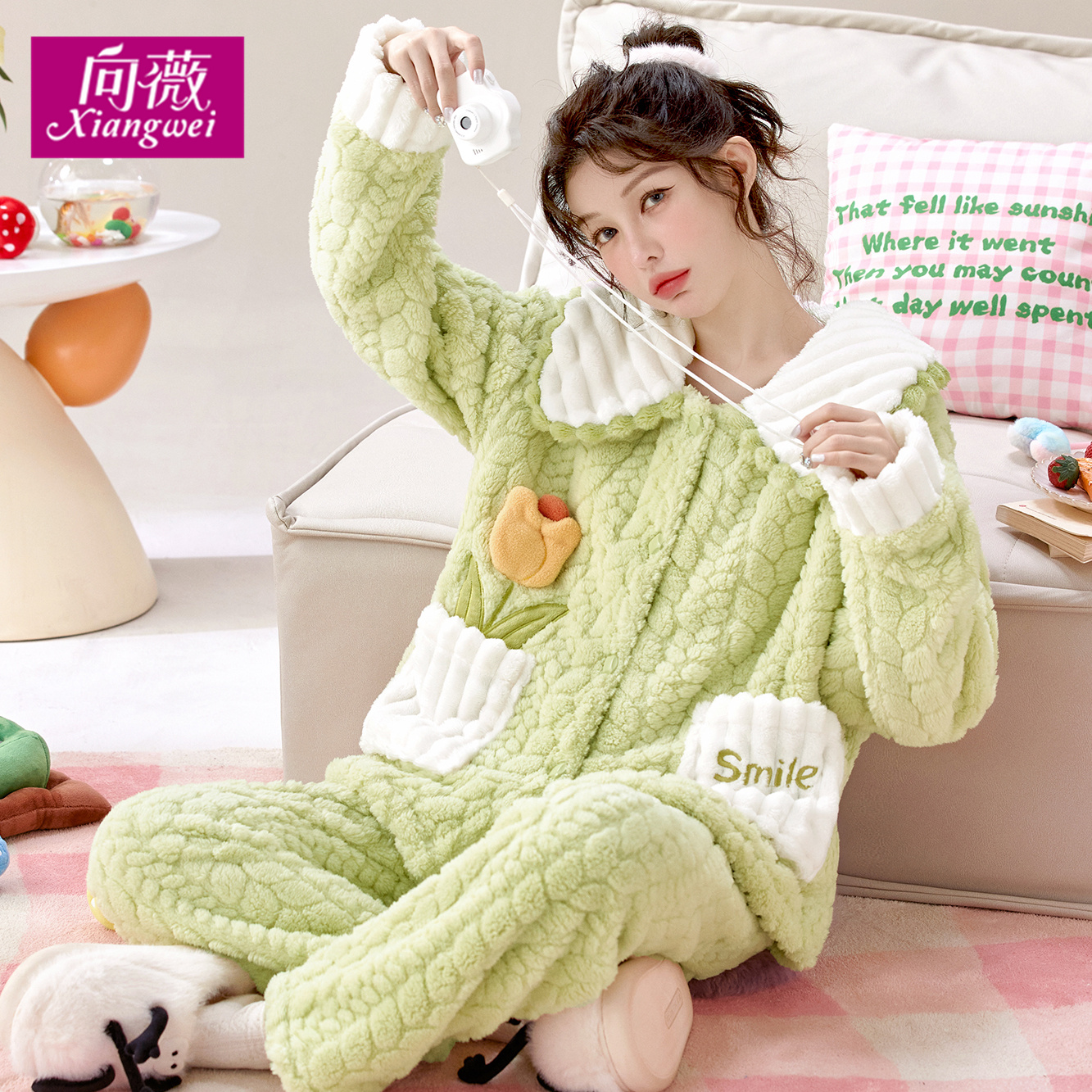 毛绒甜美可爱加厚加绒法兰绒家居服可外穿秋冬保暖大码睡衣女学生