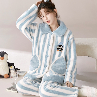 柔软亲肤学生款秋冬天上新暖绒保暖女士可外穿法兰绒睡衣两件套装