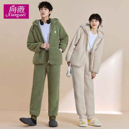 男士法兰绒家居服套装秋冬情侣珊瑚绒冬季可外穿连帽款加厚睡衣女