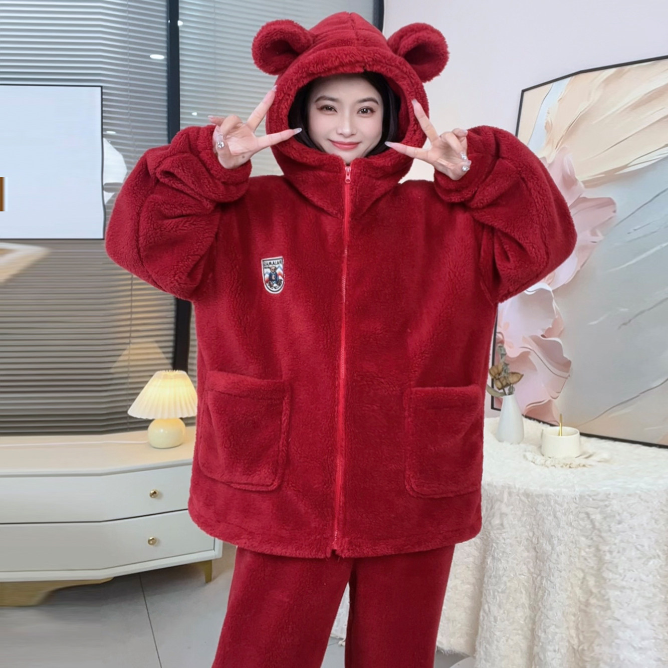 【安哥拉红】雪花绒暖绒可外穿法兰绒睡衣套装家居服女
