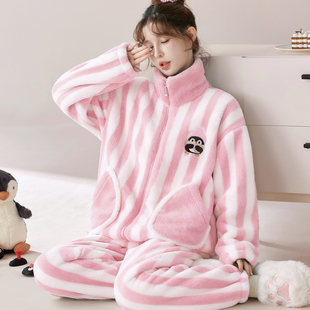秋冬季立领女士卡通呆萌企鹅珊瑚绒睡衣加厚韩版保暖家居服套装