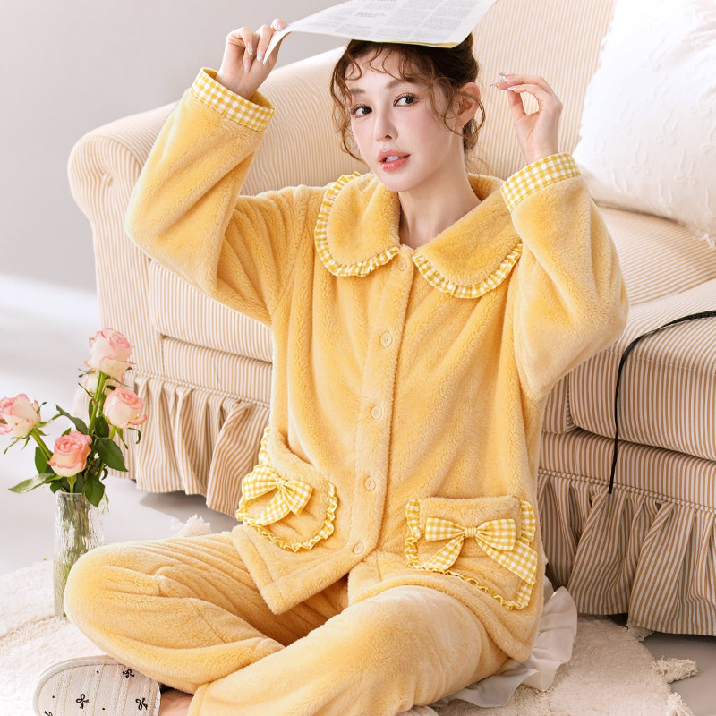 秋冬季蓬松软糯泡芙绒绒睡衣女法兰娃娃领蝴蝶结可外穿家居服套装