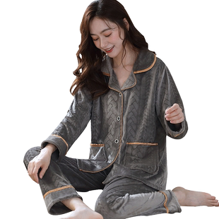 海岛绒睡衣女士秋冬季薄款珊瑚绒家居服春秋中年妈妈大码保暖套装