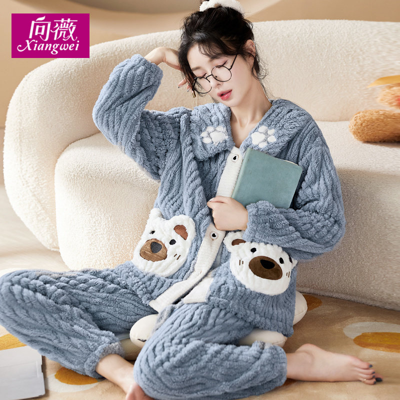 秋冬款女士新款甜美可爱睡衣加厚法兰绒可外穿套装北极绒家居服女