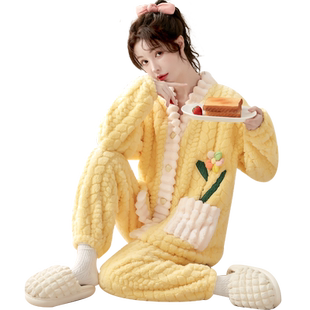 可外穿法兰绒睡衣女加绒加厚家居服V领珊瑚绒秋冬季甜美可爱大码