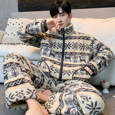 秋冬天男士新款费尔岛莎粒绒睡衣可外穿法兰绒宽松保暖家居服套装